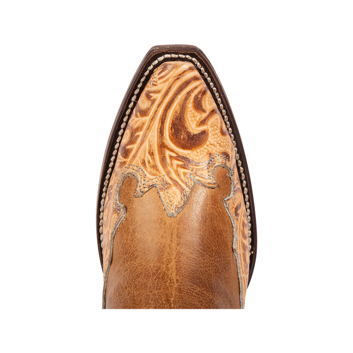 Top view showing tooled leather detailing on Freebird women's WAGON honey leather bootie