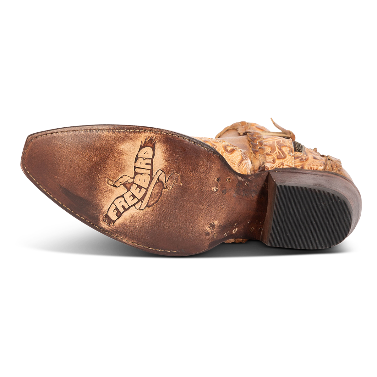 Leather sole imprinted with Freebird on women's WAGON honey leather bootie