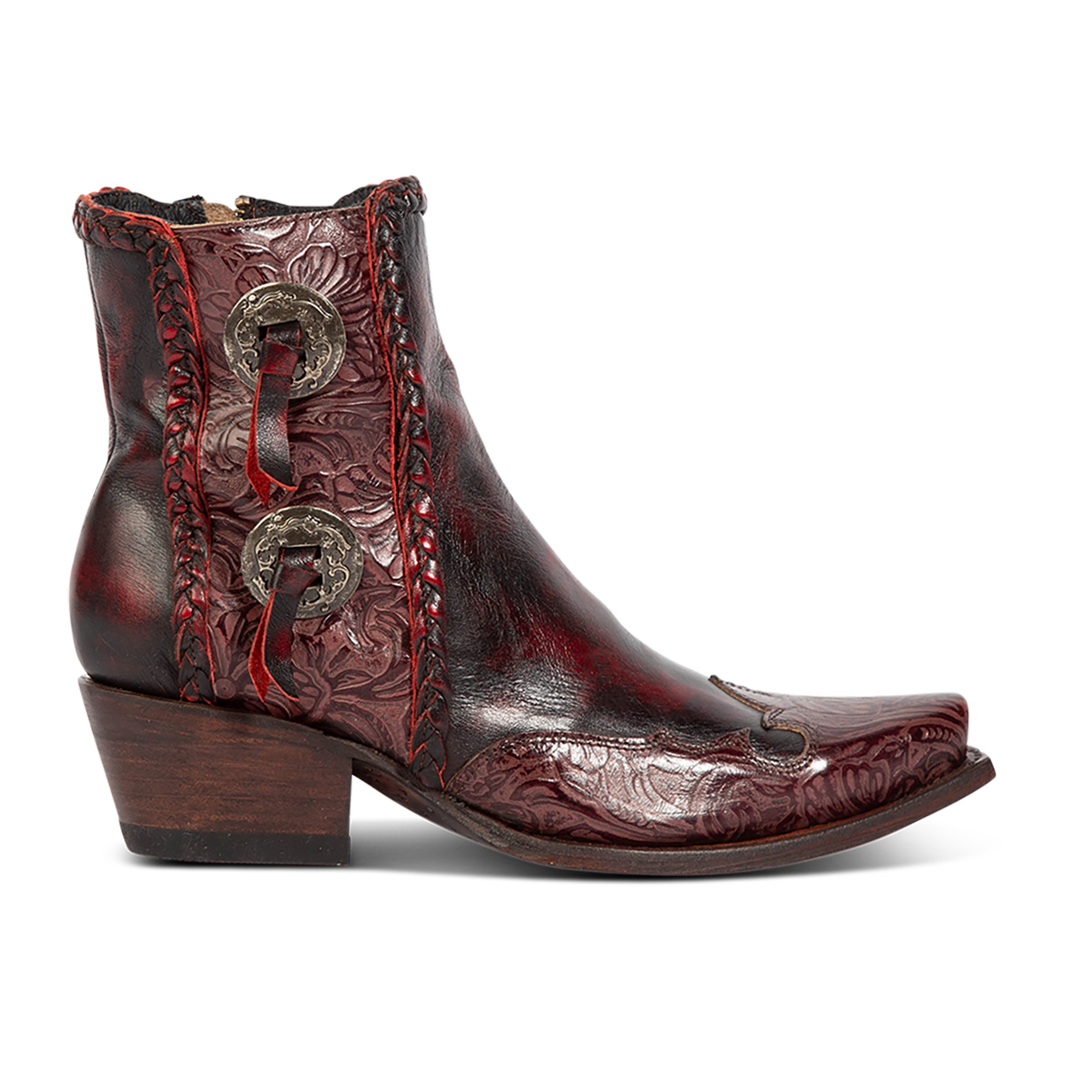 FREEBIRD women's WAGON wine tooled leather western bootie featuring a snip toe, tooled leather, and medium heel 