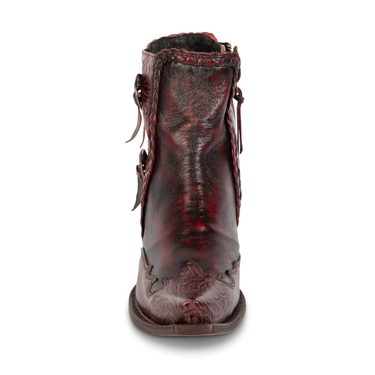 Front view showing FREEBIRD women's WAGON wine leather bootie with braided detailing and tooled leather 