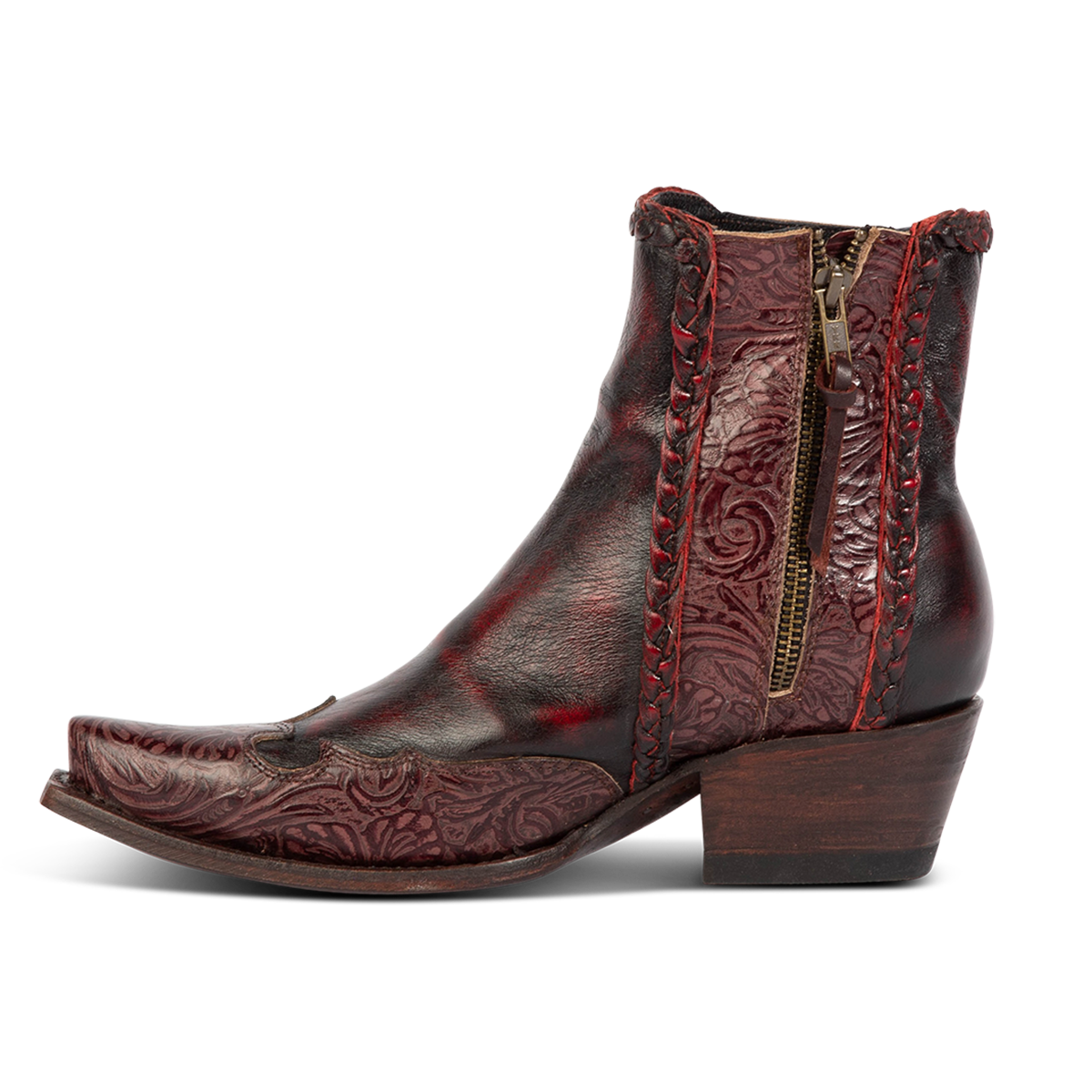 Inside view showing FREEBIRD women's WAGON wine tooled leather western bootie featuring a snip toe, tooled leather, and inside zipper