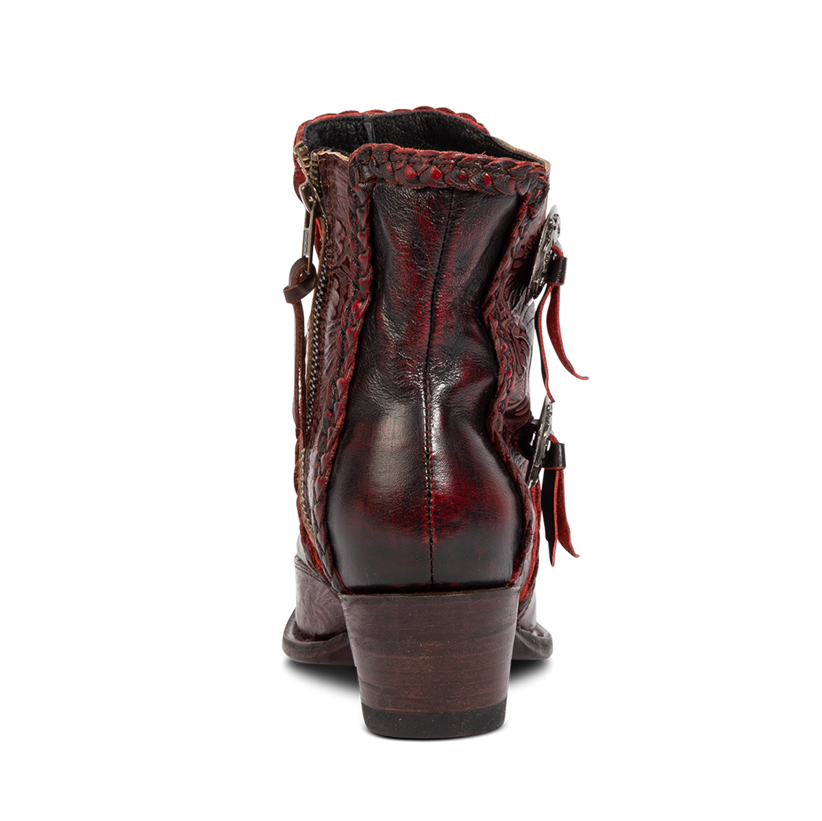 Back view showing FREEBIRD women's WAGON wine tooled leather western bootie built on a low heel and braided leather detailing 