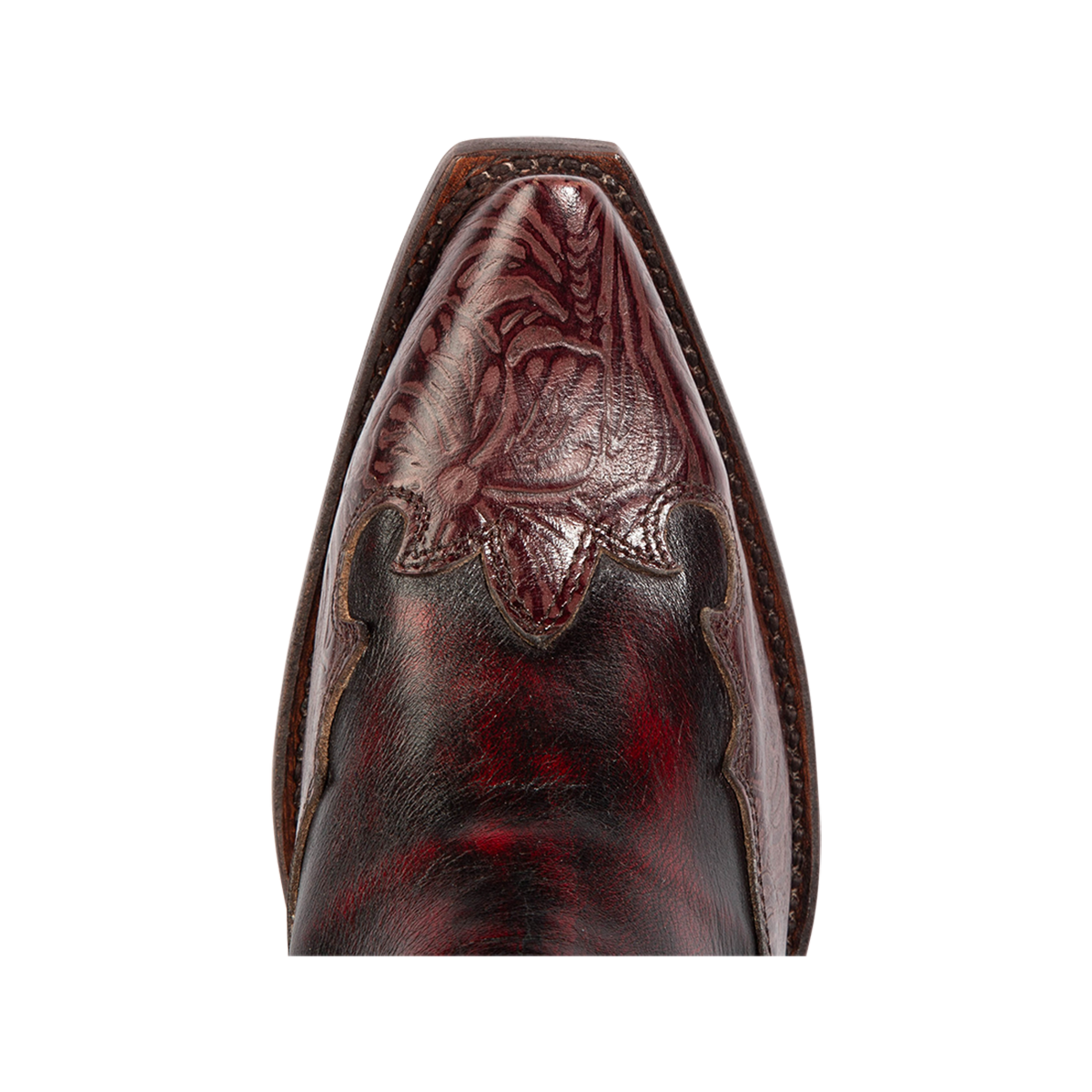 Top view showing tooled leather detailing on Freebird women's WAGON wine leather bootie