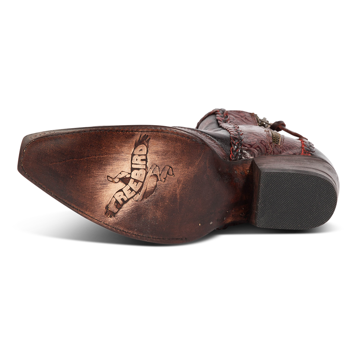Leather sole imprinted with Freebird on women's WAGON wine leather bootie