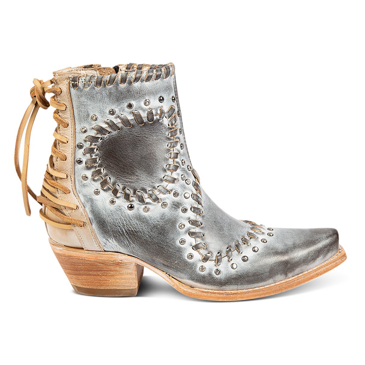 FREEBIRD women's Walker ice leather bootie with asymmetrical whip stitch detailing, stud embellishments and back heel lacing