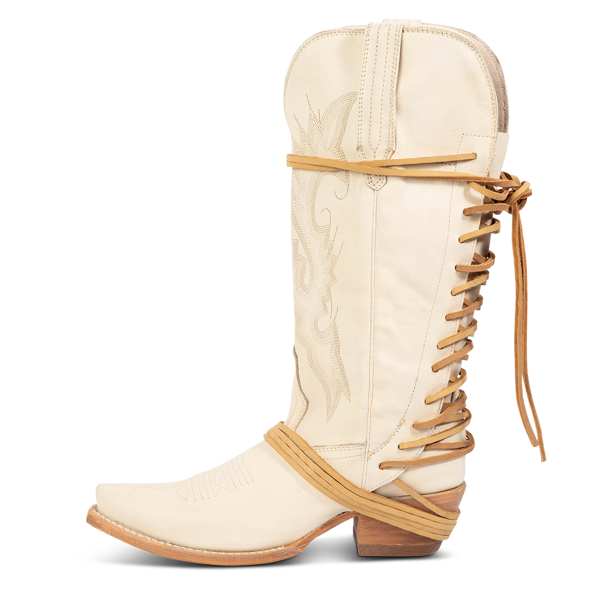 Side view showing pull straps and back lace panel on FREEBIRD women's Wardon beige leather cowboy boot