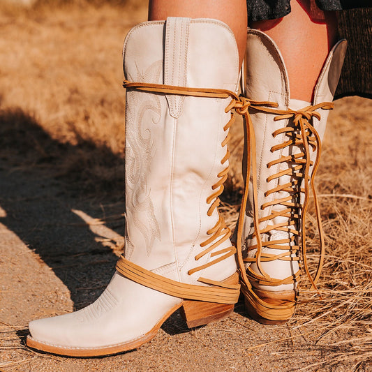 FREEBIRD women's Wardon beige leather cowboy boot with back lace panel and snip toe construction