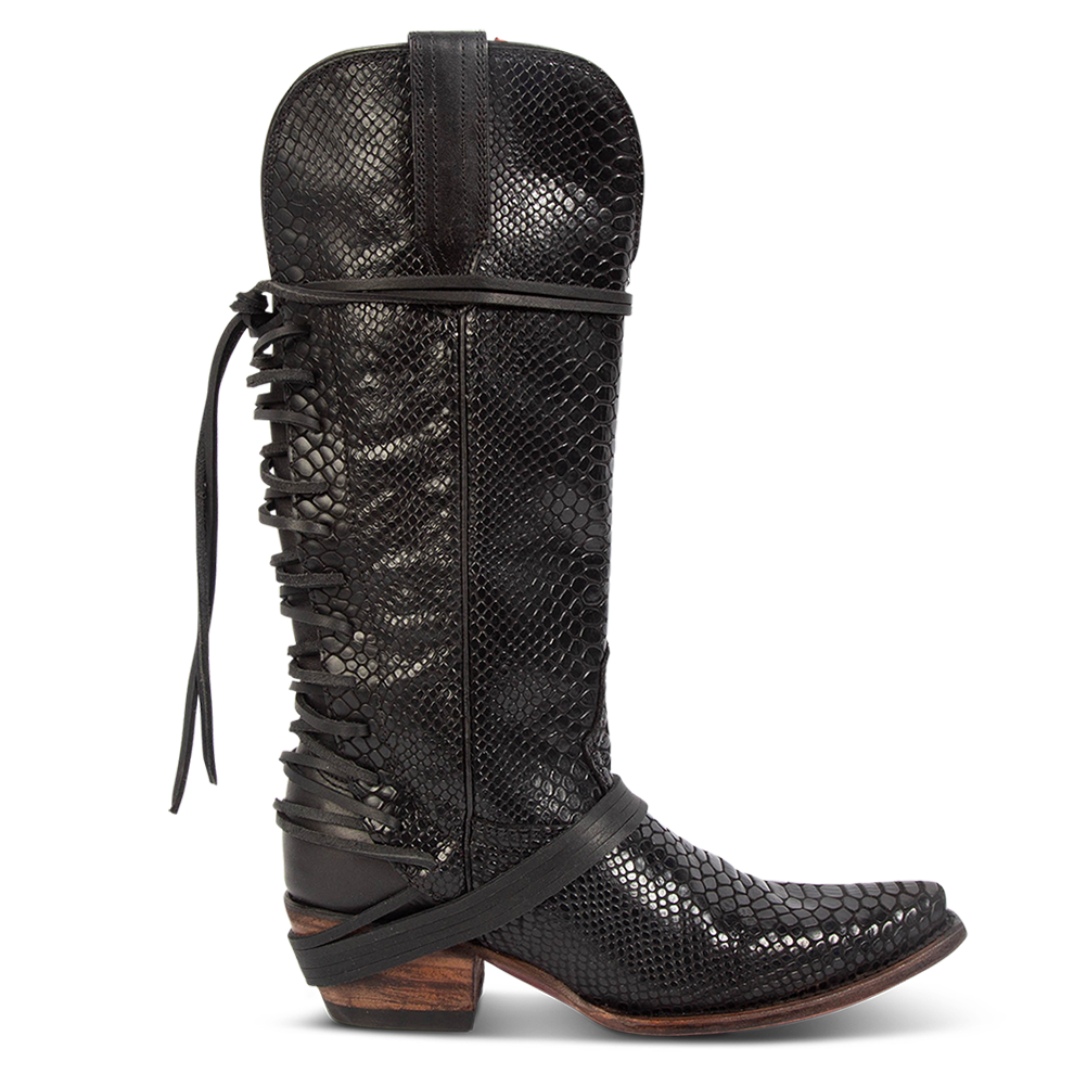 FREEBIRD women's Wardon black snake leather cowboy boot with back lace panel and snip toe construction