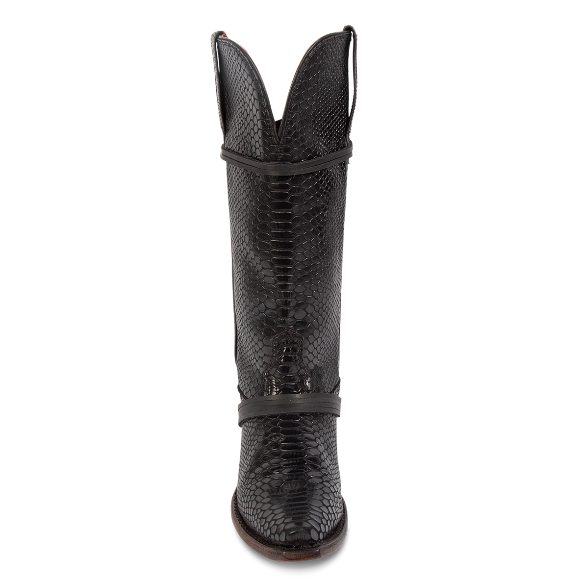 Front view showing western stitch detailing and wrapped leather laces on FREEBIRD women's Wardon black snake cowboy boot with back lace panel