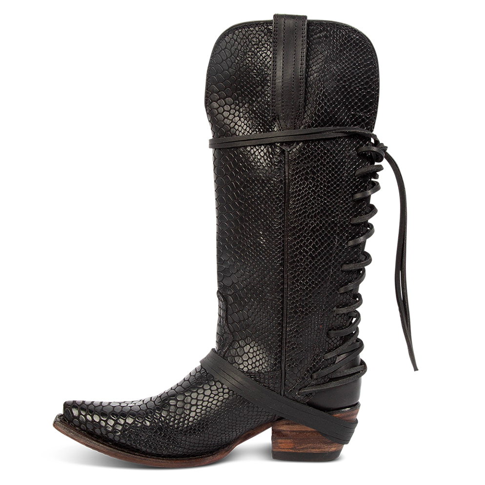 Side view showing pull straps and back lace panel on FREEBIRD women's Wardon black snake leather cowboy boot