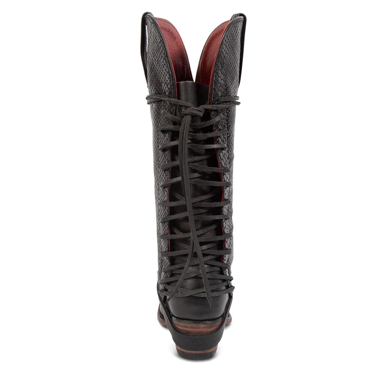 Back view showing back lace panel and low heel on FREEBIRD women's Woodland black snake leather cowboy boot
