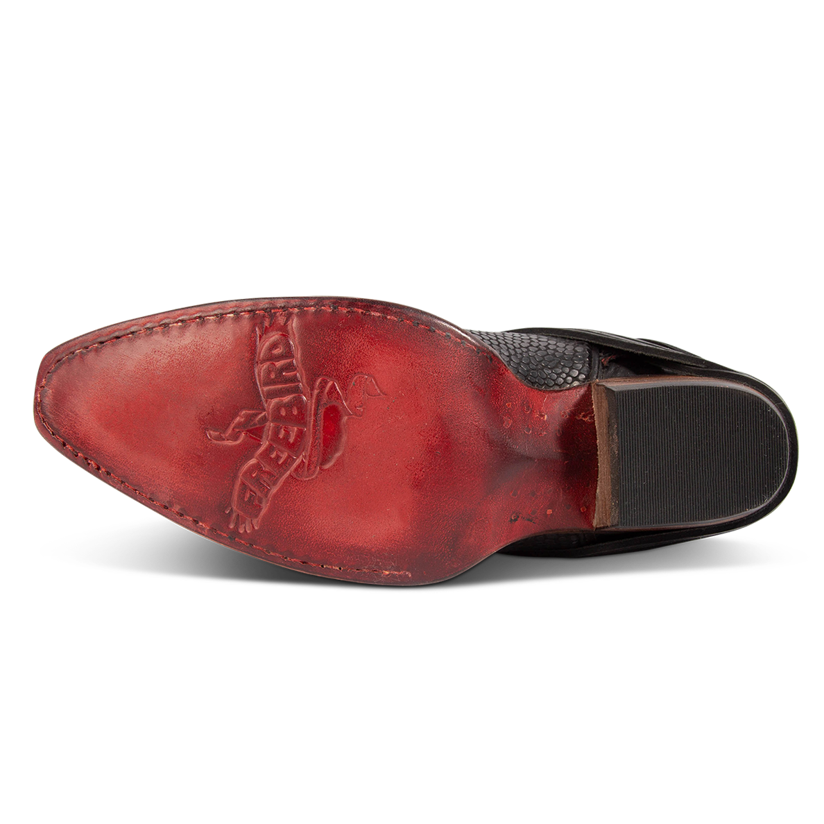 Leather sole imprinted with FREEBIRD on women's Wardon black snake leather cowboy boot with back lace panel
