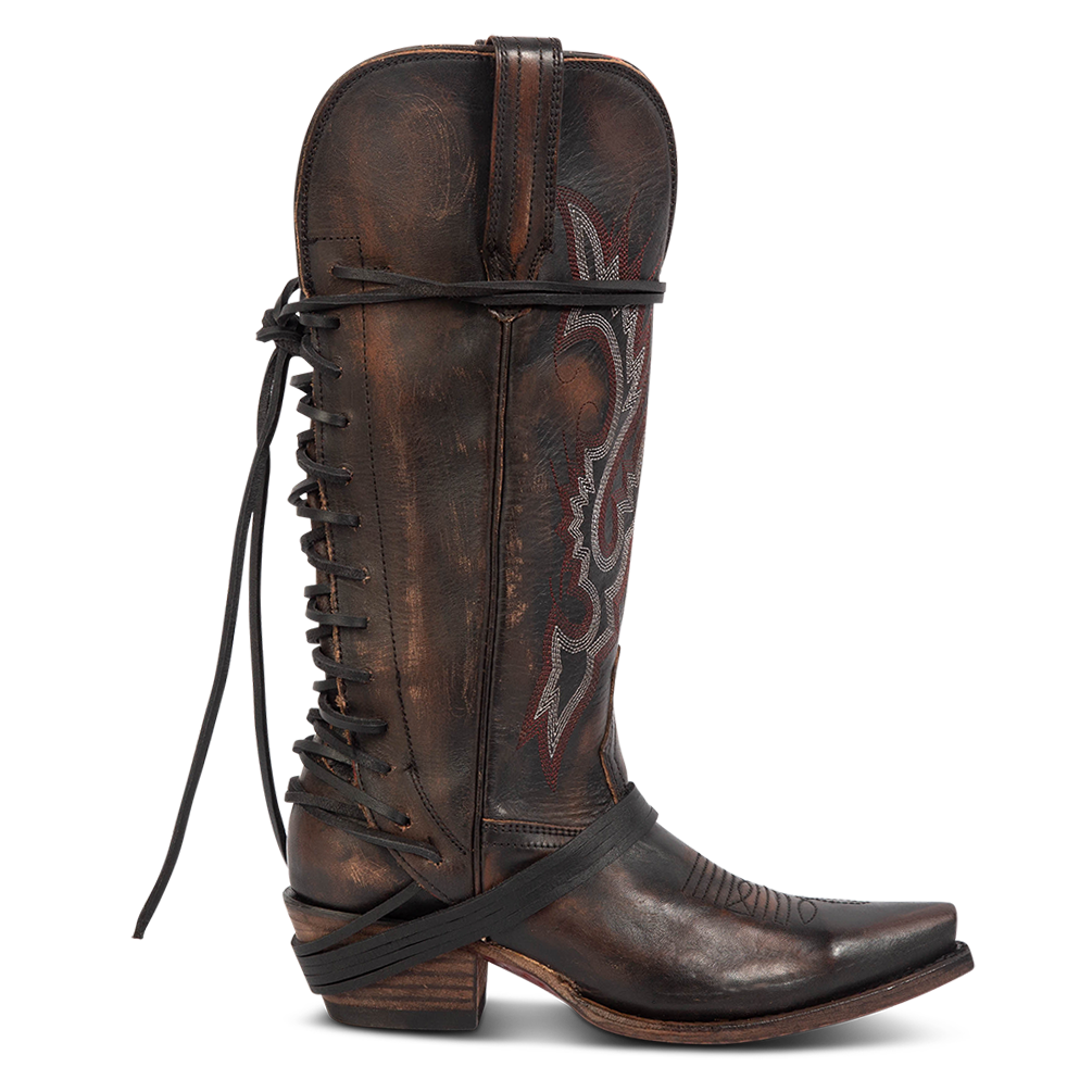 FREEBIRD women's Wardon black leather cowboy boot with back lace panel and snip toe construction