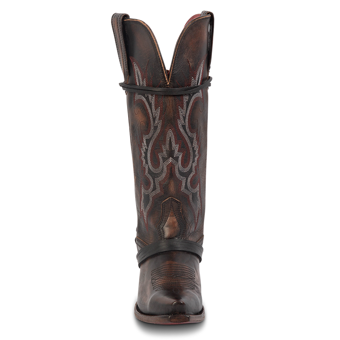 Front view showing western stitch detailing and wrapped leather laces on FREEBIRD women's Wardon black cowboy boot with back lace panel