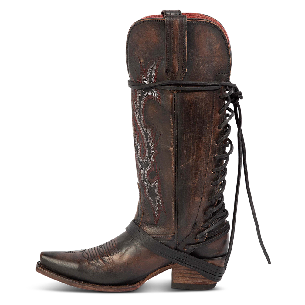 Side view showing pull straps and back lace panel on FREEBIRD women's Wardon black leather cowboy boot