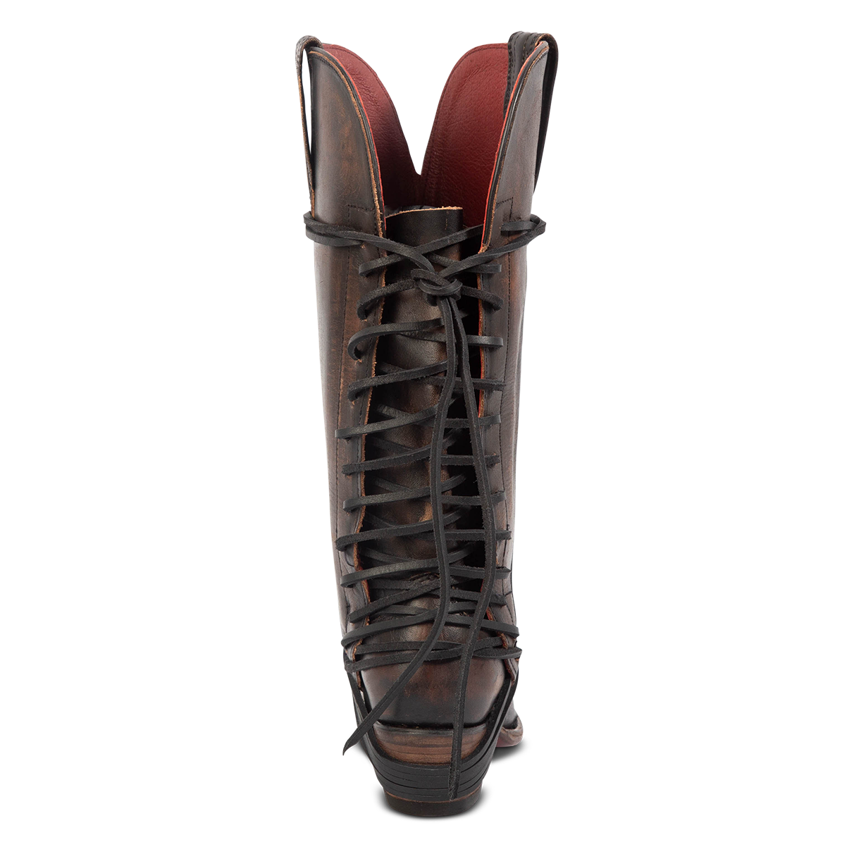 Back view showing back lace panel and low heel on FREEBIRD women's Woodland black leather cowboy boot