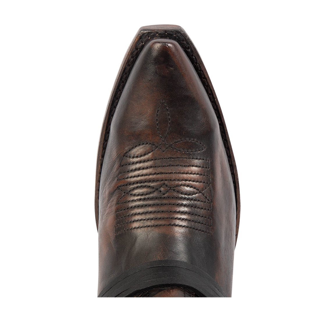 Top view showing snip toe construction with decorative stitch detailing on FREEBIRD women's Wardon black leather cowboy boot with back lace panel