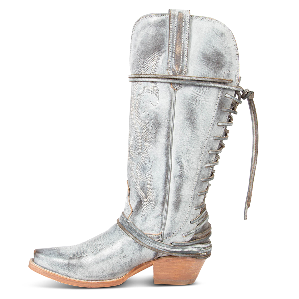 Side view showing pull straps and back lace panel on FREEBIRD women's Wardon ice leather cowboy boot