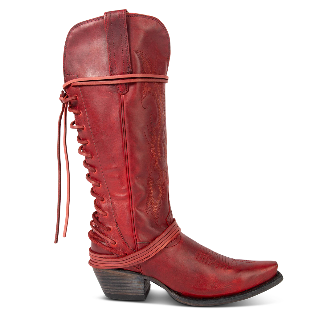 FREEBIRD women's Wardon red leather cowboy boot with back lace panel and snip toe construction