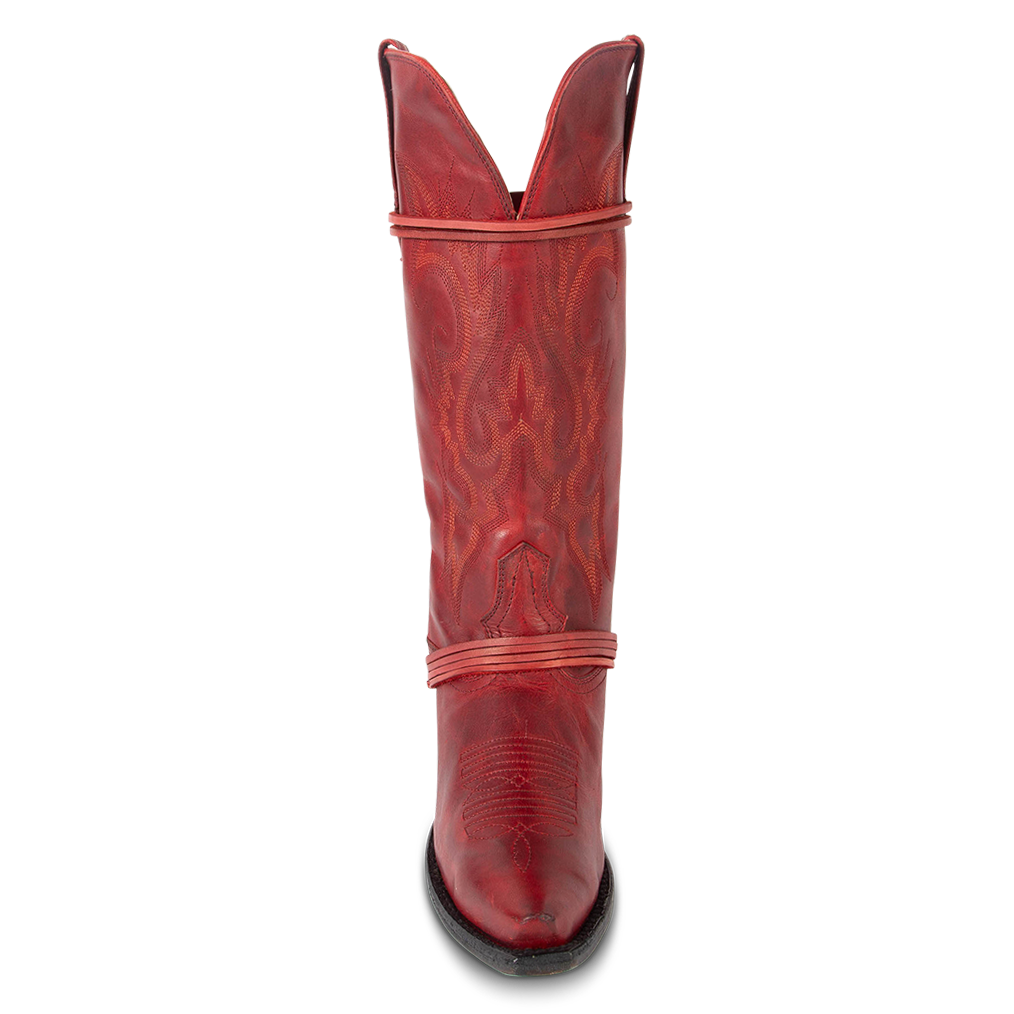 Front view showing western stitch detailing and wrapped leather laces on FREEBIRD women's Wardon red cowboy boot with back lace panel