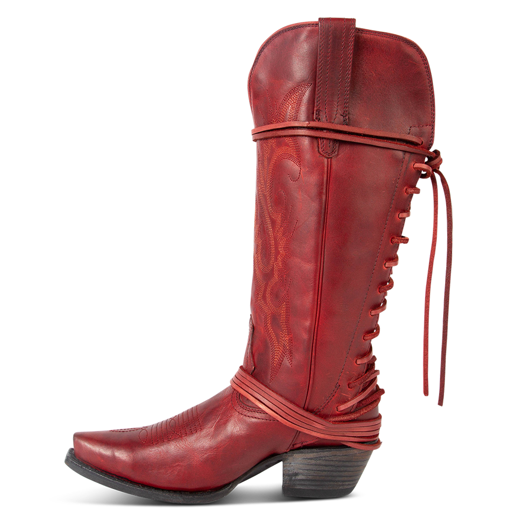 Side view showing pull straps and back lace panel on FREEBIRD women's Wardon red leather cowboy boot