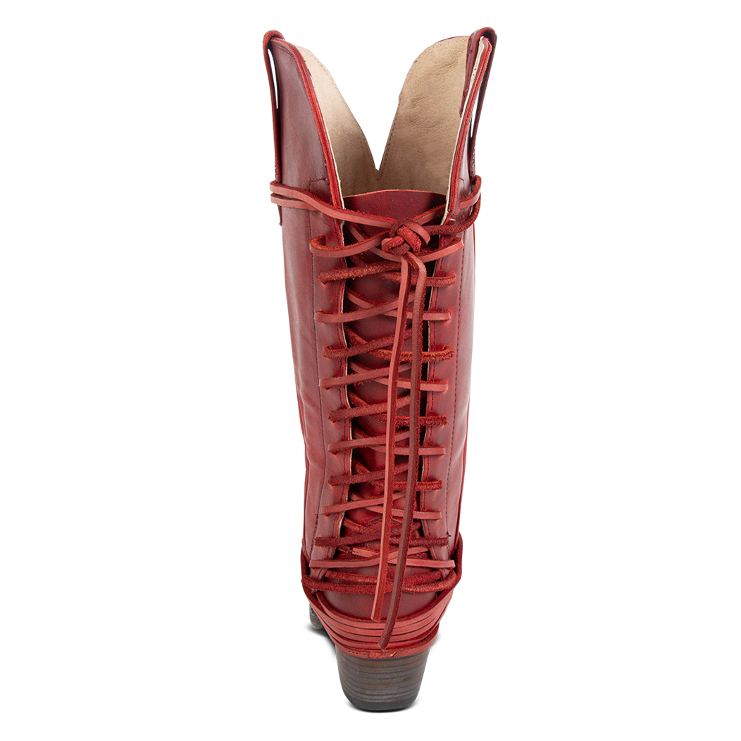 Back view showing back lace panel and low heel on FREEBIRD women's Woodland red leather cowboy boot