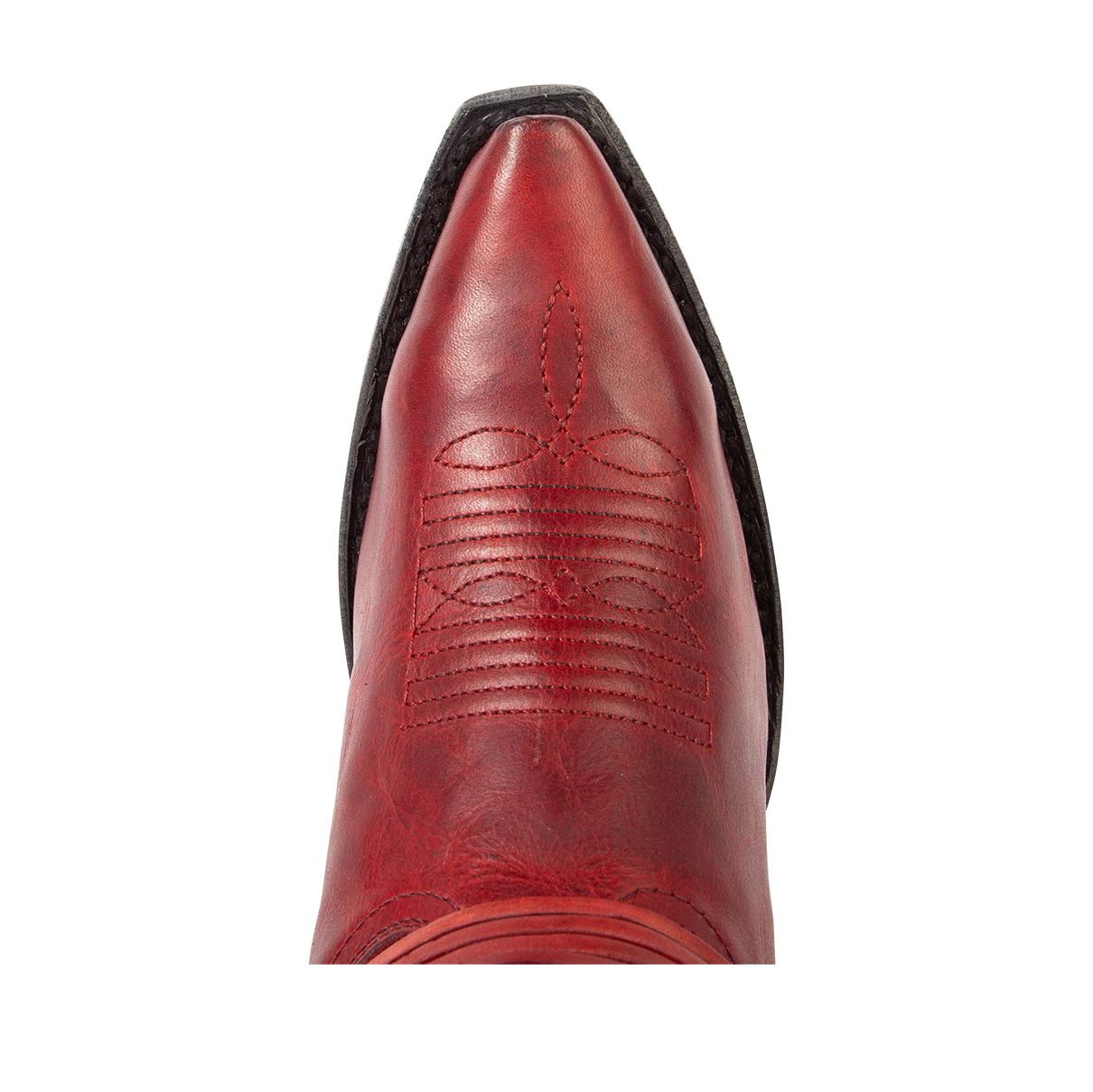 Top view showing snip toe construction with decorative stitch detailing on FREEBIRD women's Wardon red leather cowboy boot with back lace panel
