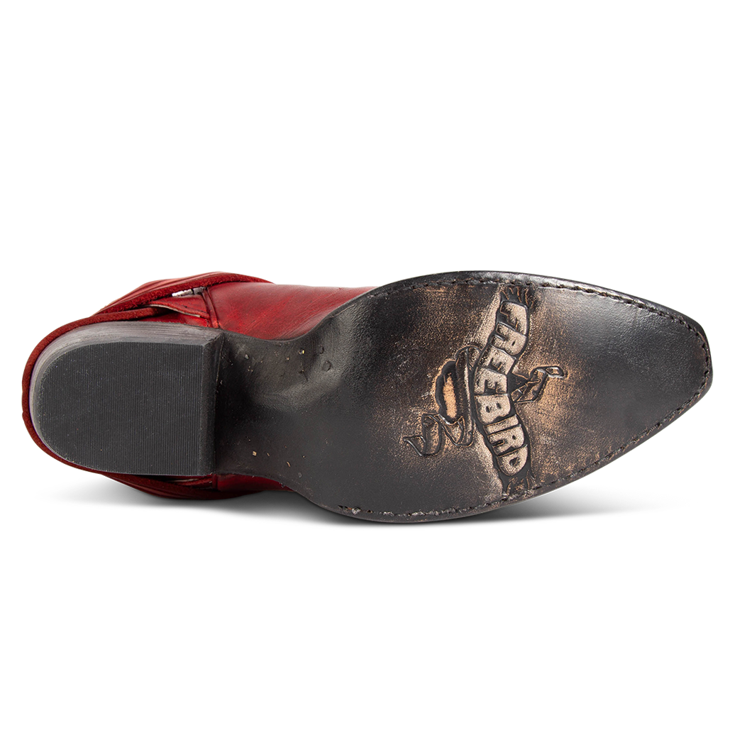 Leather sole imprinted with FREEBIRD on women's Wardon red leather cowboy boot with back lace panel