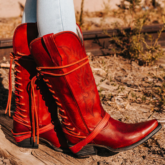 FREEBIRD women's Wardon red leather cowboy boot with back lace panel and snip toe construction