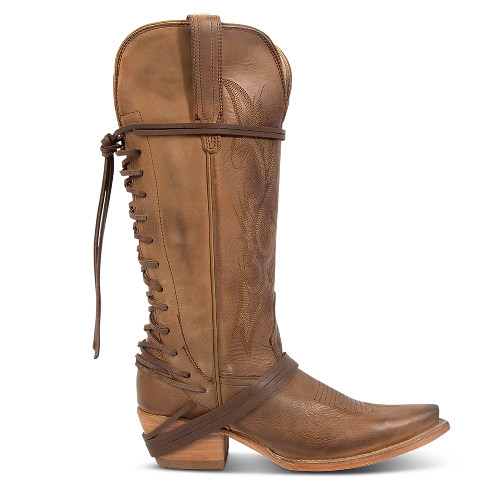 FREEBIRD women's Wardon tan leather cowboy boot with back lace panel and snip toe construction