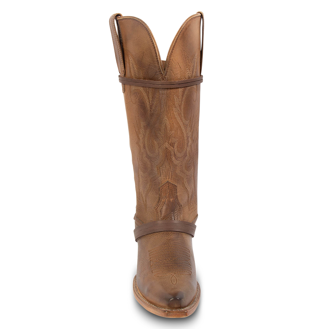 Front view showing western stitch detailing and wrapped leather laces on FREEBIRD women's Wardon tan cowboy boot with back lace panel