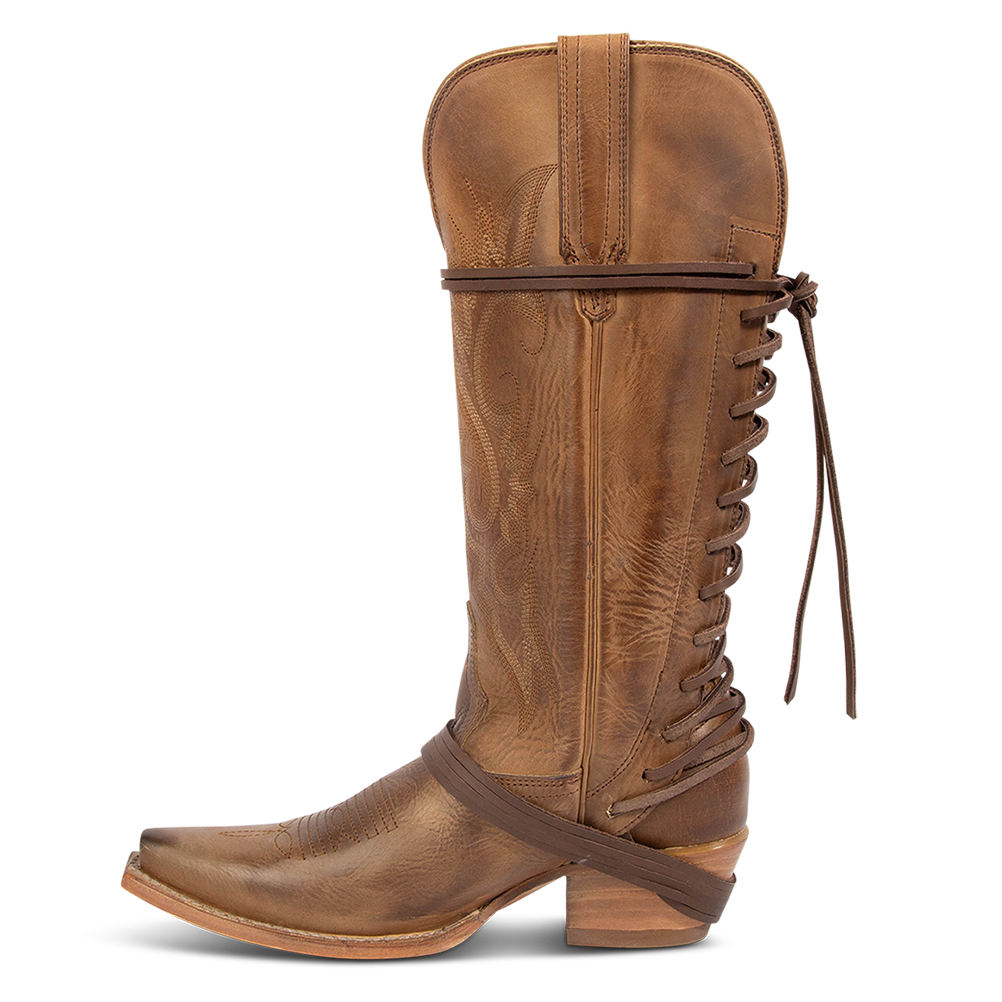 Side view showing pull straps and back lace panel on FREEBIRD women's Wardon tan leather cowboy boot