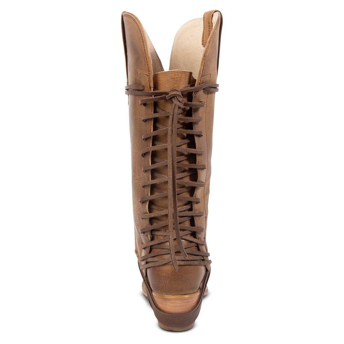 Back view showing back lace panel and low heel on FREEBIRD women's Woodland tan leather cowboy boot