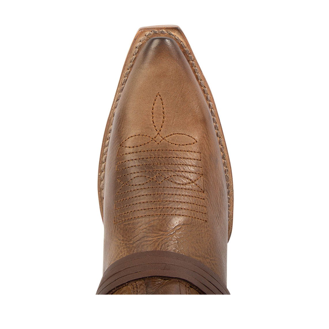 Top view showing snip toe construction with decorative stitch detailing on FREEBIRD women's Wardon tan leather cowboy boot with back lace panel