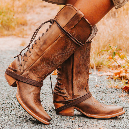 FREEBIRD women's Wardon tan leather cowboy boot with back lace panel and snip toe construction