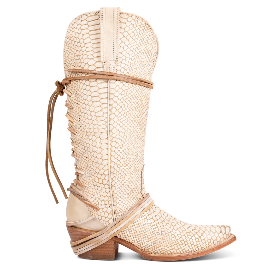 FREEBIRD women's Wardon white snake leather cowboy boot with back lace panel and snip toe construction