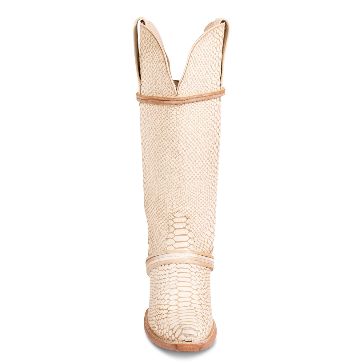 Front view showing western stitch detailing and wrapped leather laces on FREEBIRD women's Wardon white snake cowboy boot with back lace panel