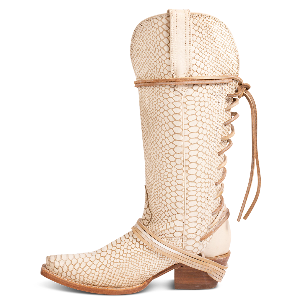 Side view showing pull straps and back lace panel on FREEBIRD women's Wardon white snake leather cowboy boot
