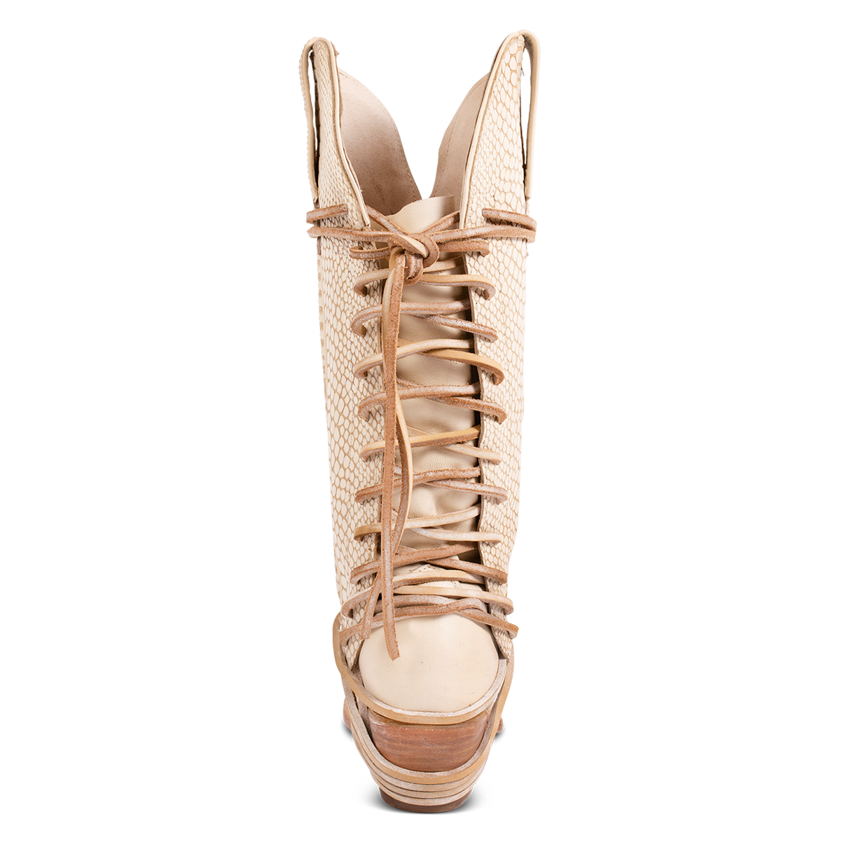Back view showing back lace panel and low heel on FREEBIRD women's Woodland white snake leather cowboy boot