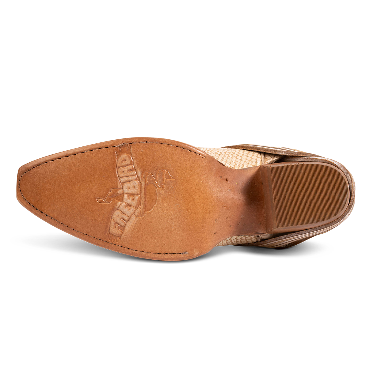Leather sole imprinted with FREEBIRD on women's Wardon white snake leather cowboy boot with back lace panel