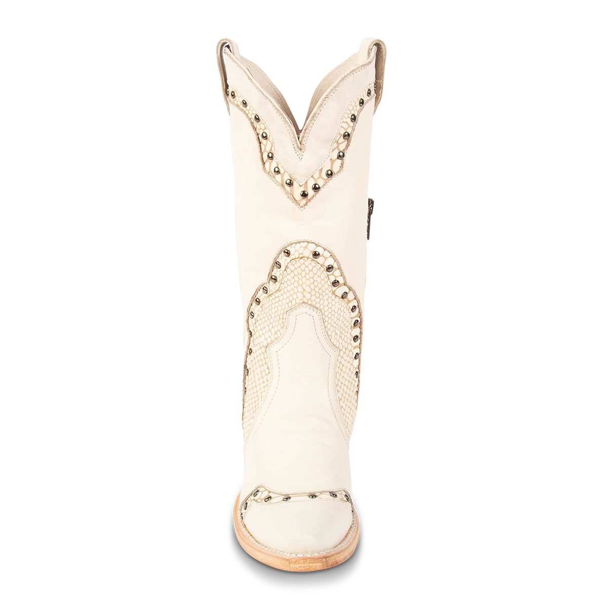 Front view showing front dip and stud detailing on FREEBIRD women's Warner beige leather western cowboy boot