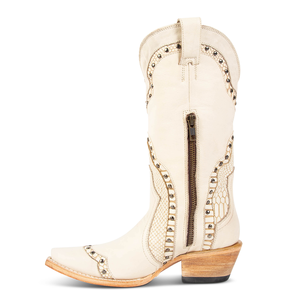 Side view showing inside zip closure and stud detailing on FREEBIRD women's Warner beige leather western cowboy boot
