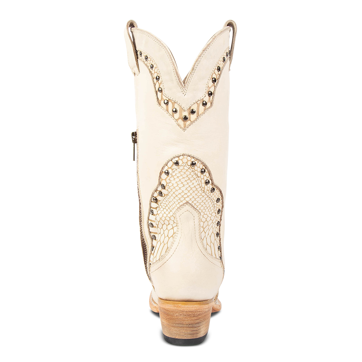 Back view showing back dip and low heel with embossed leather detailing on FREEBIRD women's Warner beige leather western cowboy boot