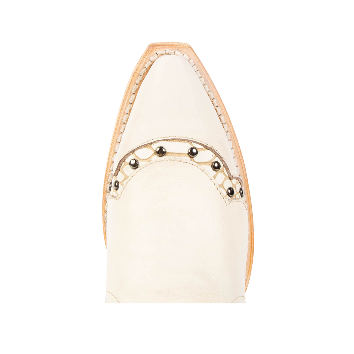 Top view showing snip toe construction with stud detailing on FREEBIRD women's Warner beige leather western cowboy boot