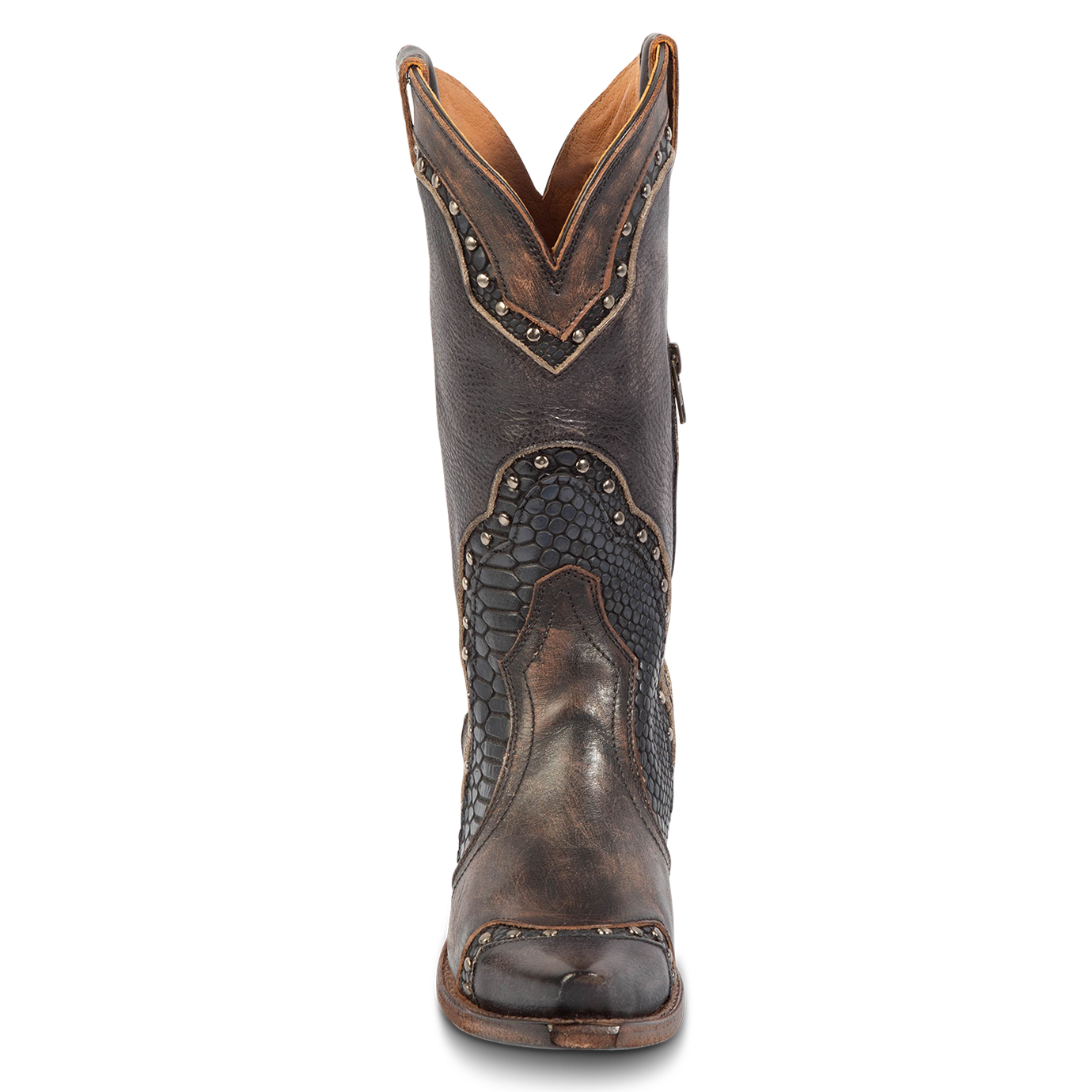 Front view showing front dip and stud detailing on FREEBIRD women's Warner black leather western cowboy boot