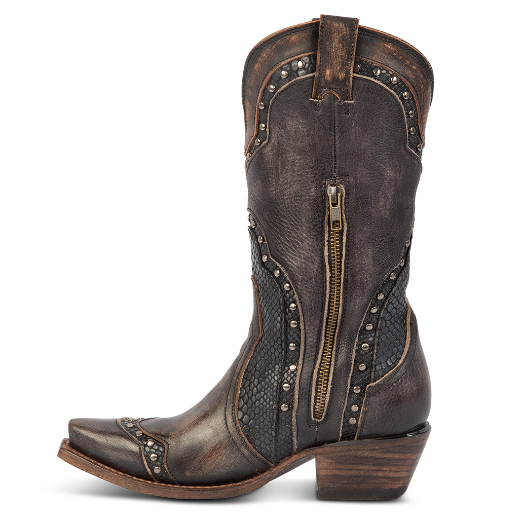 Side view showing inside zip closure and stud detailing on FREEBIRD women's Warner black leather western cowboy boot