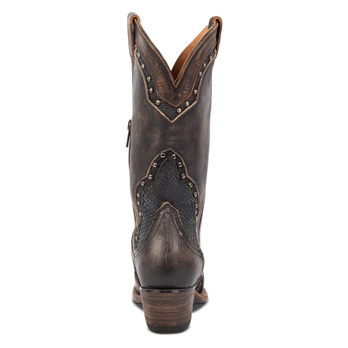 Back view showing back dip and low heel with embossed leather detailing on FREEBIRD women's Warner black leather western cowboy boot