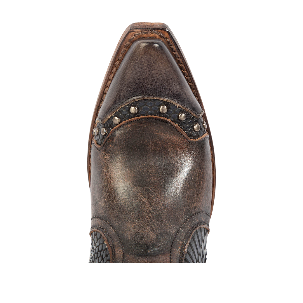 Top view showing snip toe construction with stud detailing on FREEBIRD women's Warner black leather western cowboy boot