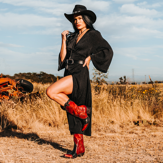 FREEBIRD women's Warner red multi leather western cowboy boot with embossed detailing and snip toe construction lifestyle