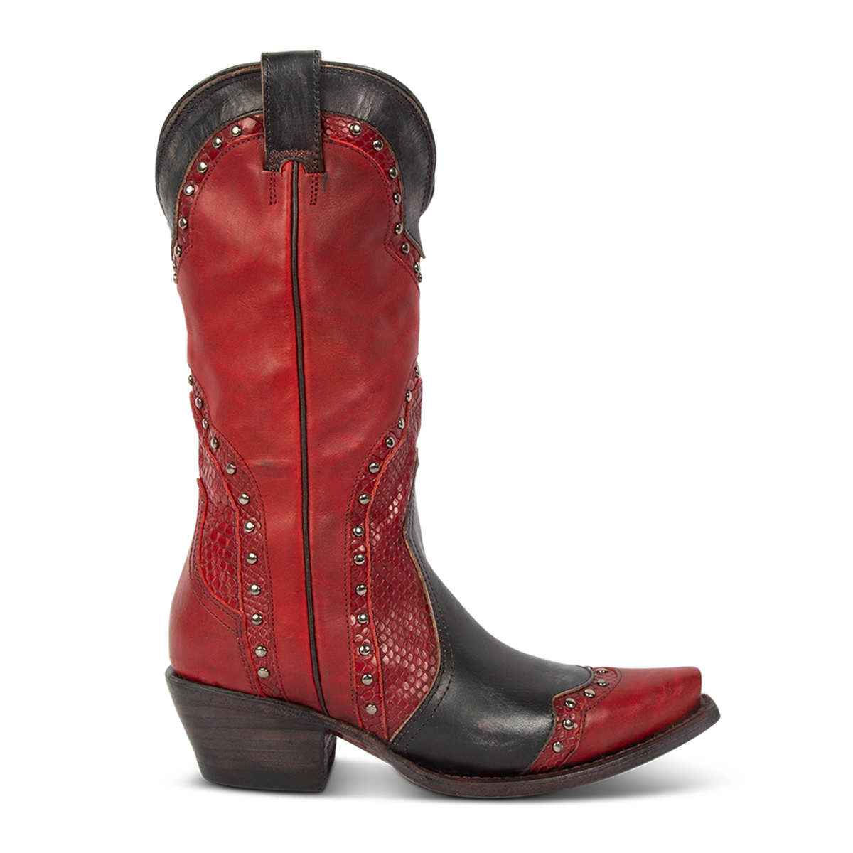 FREEBIRD women's Warner red multi leather western cowboy boot with embossed detailing and snip toe construction